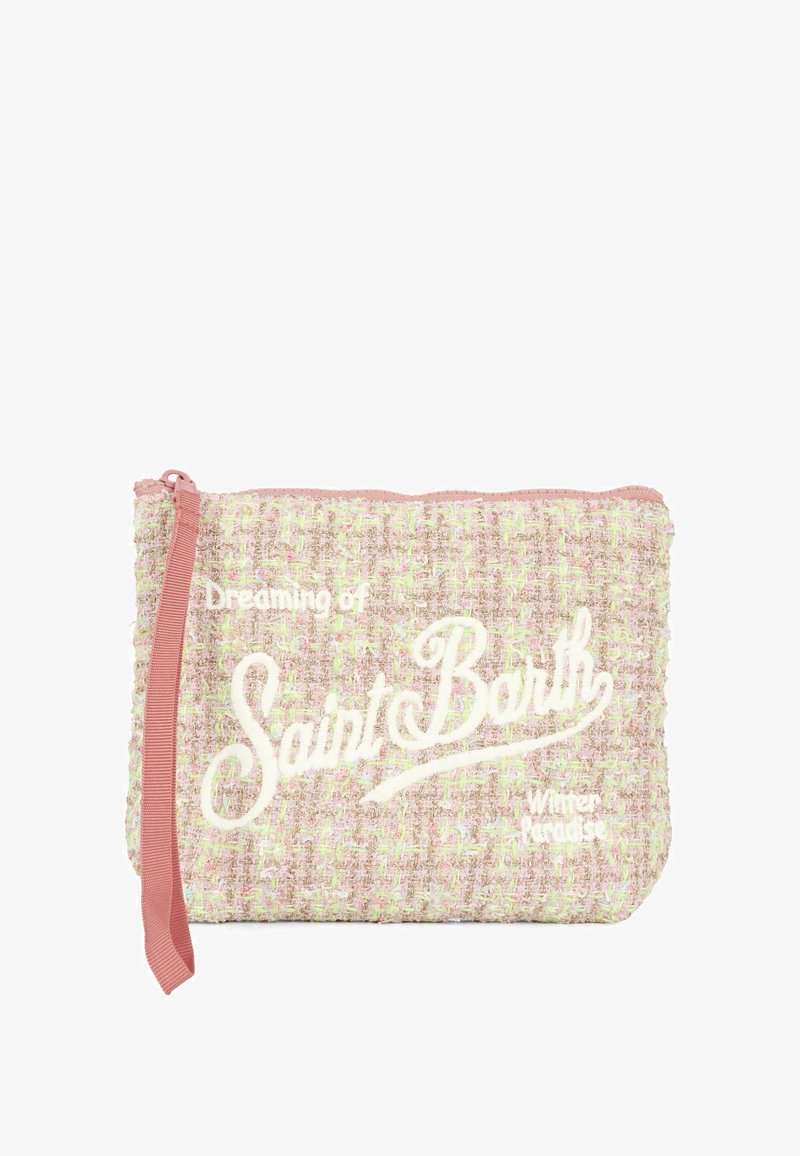 Pouch texturizzato rosa e beige, in tessuto intrecciato con testo stampato in bianco "Sognando Saint Barth" e "Paradiso Invernale," dotato di chiusura a zip.