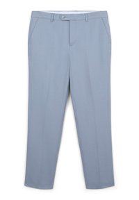 Pantaloni azzurri chiari in tessuto morbido, con una vestibilità classica, gambe dritte, tasche frontali e chiusura con bottone.