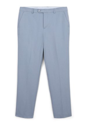 Pantaloni azzurri chiari in tessuto morbido, con una vestibilità classica, gambe dritte, tasche frontali e chiusura con bottone.