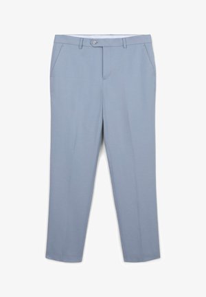 Pantalons bleu clair en tissu lisse, avec une coupe classique, des jambes droites, des poches avant et une fermeture à bouton.