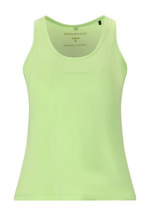 Débardeur vert clair fabriqué en tissu lisse et évacuant l'humidité. Présente un col rond et un logo imprimé sur le devant.