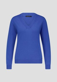 Blauwe V-hals trui van zacht materiaal, met lange mouwen en geribde manchetten. Bevat een klein merklabel dichtbij de zoom.