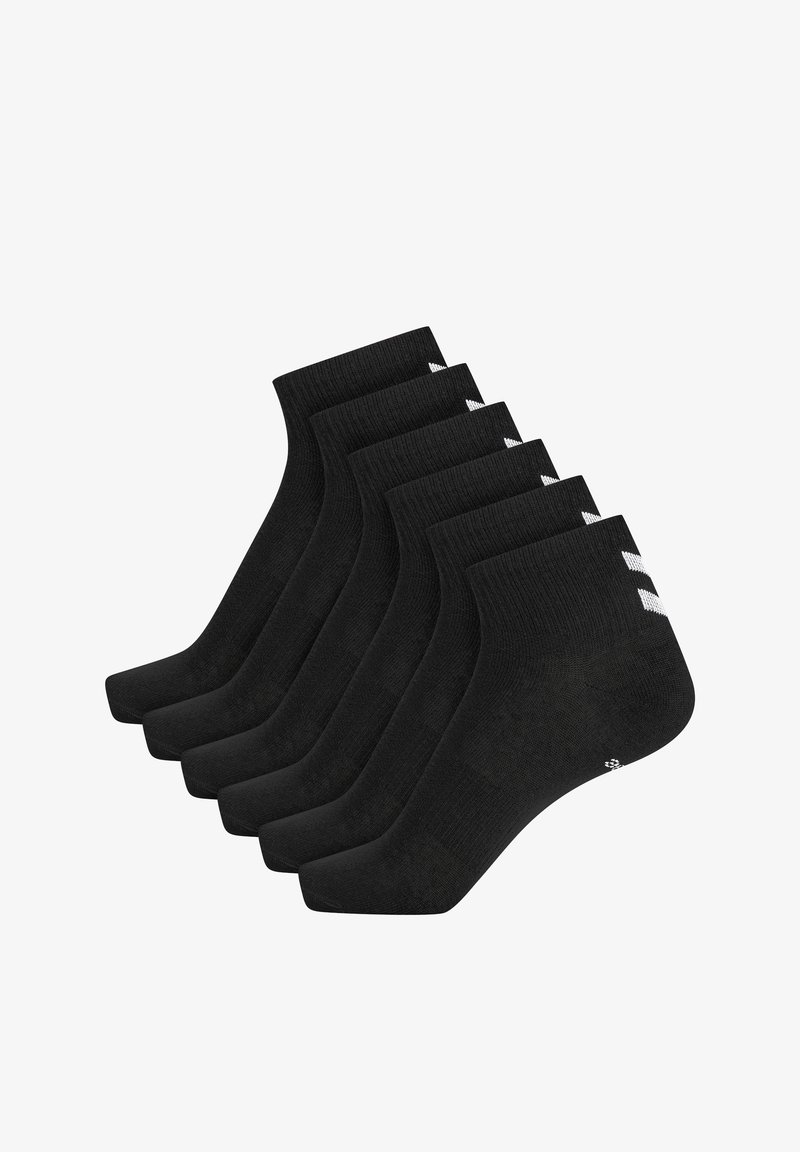 Zwarte sokken, verpakt per zes, gemaakt van een katoenmix, geribbelde textuur, middelhoge hoogte, met witte accentstrepen op de boorden, effen kleur.