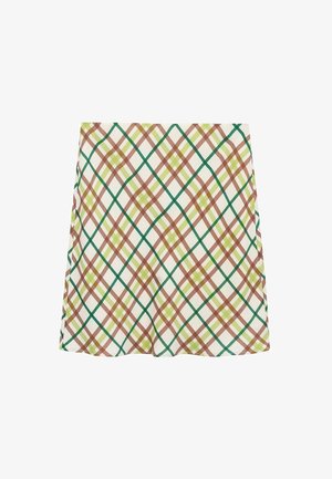 Bela A-linijska krila s križastim karo vzorcem v zeleni, rjavi in rumeni barvi, do kolen, prikazana na belem ozadju.