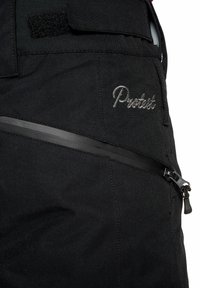 Crne hlače od tkanine s patentnim zatvaračem i elegantnim dizajnom. Logo brenda je izvezen u srebrnoj boji sa strane.