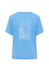 Light blue cotton t-shirt with short sleeves, featuring white graphic prints of mountains, foliage, and topographic lines on the back.