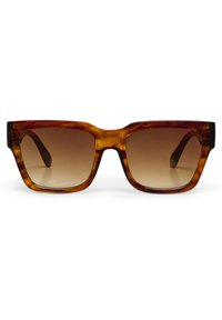 Braune Schildpatt-Sonnenbrille mit quadratischer Form, Verlaufsgläsern und dicken Rahmen. Das Design zeichnet sich durch eine glänzende Oberfläche und breite Bügel aus.