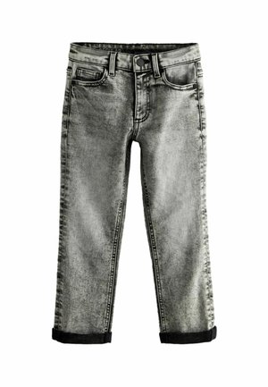 Jean en denim noir et gris délavé avec revers roulés, fermeture par boutons, poches avant et poche monnaie.