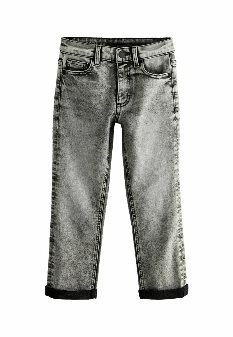 Jean en denim noir et gris délavé avec revers roulés, fermeture par boutons, poches avant et poche monnaie.