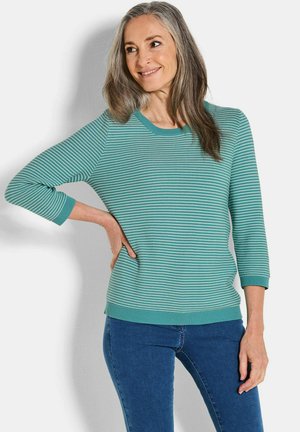 Teal gestreepte trui met driekwartmouwen en een geribbelde onderkant. Zachte stoftextuur en een contrasterende halslijn in een effen teal kleur.