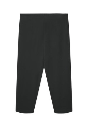 Pantaloni neri a gamba dritta con vita alta e due tasche laterali, mostrati distesi su sfondo bianco.