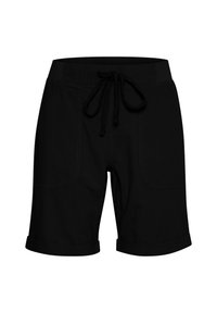 Pantalones cortos negros de tejido ligero, con cintura elástica ajustable, dobladillos enrollados y dos bolsillos frontales tipo parche.