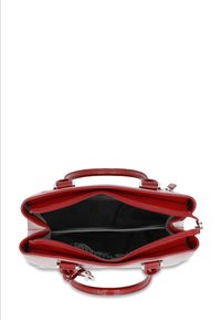 Red leather handbag with dual compartments and black fabric lining. Features silver hardware and textured accents.