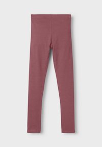 Leggings in a muted pink color, made of stretchy fabric with a smooth texture; features a high-waisted design and no visible seams.