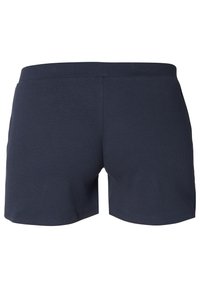 Granatowe spodenki sportowe z prążkowaną teksturą i elastycznym paskiem, o prostym designie, bez kieszeni i ozdób.