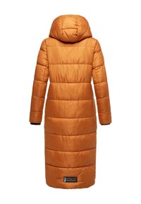 Long, puffer-style coat in bright orange, featuring a hood, ribbed cuffs, and horizontal quilted texture. Logo tag on the hem.