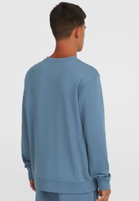 Blå sweatshirt med en struktureret stof, ribbet rund hals og manchetter; har en afslappet pasform og en lige kant bagpå.