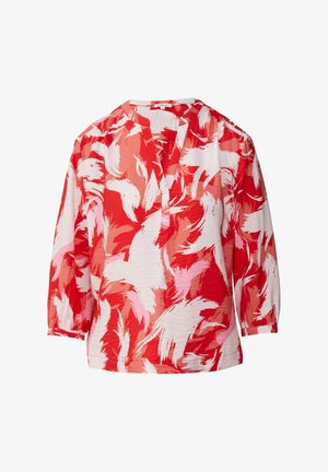 Rote und pink gemusterte Bluse mit V-Ausschnitt, Dreiviertelärmeln und leicht strukturiertem Stoff. Verfügt über eine locker sitzende Passform.