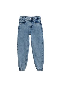 Pantalones de mezclilla azul claro con cintura elástica y puños fruncidos. Presenta dos bolsillos frontales y un diseño clásico de cinco bolsillos.