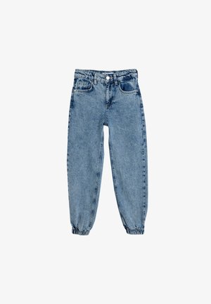 Pantalones de mezclilla azul claro con cintura elástica y puños fruncidos. Presenta dos bolsillos frontales y un diseño clásico de cinco bolsillos.