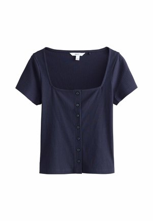 Navy ribbed short-sleeve top with a square neckline, features a front button closure with dark buttons, and a fitted design.