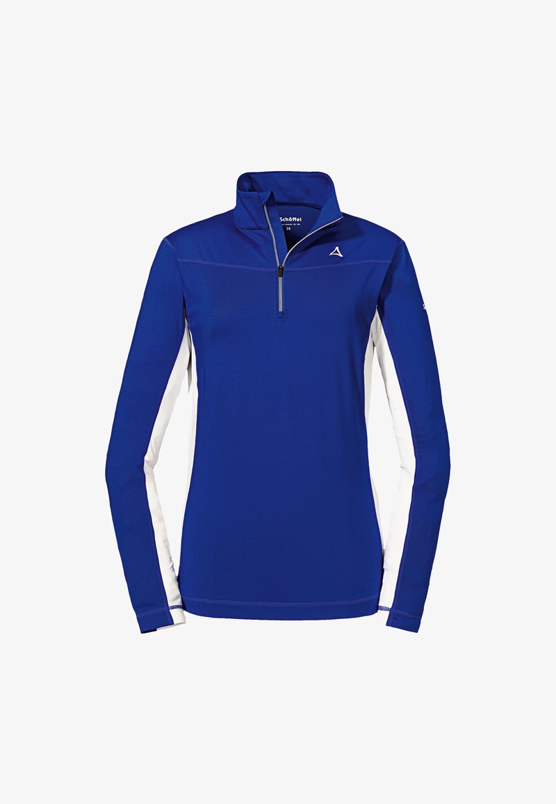 Haut à manches longues bleu royal avec un col à demi-zip, présentant des accents latéraux blancs et un tissu lisse et extensible. Décoré d'un logo près du col.