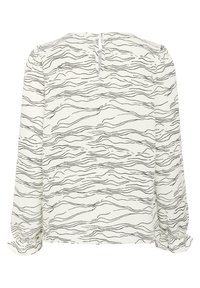 Blouse à manches longues en crème avec un motif abstrait en vagues noires. Présente un dos en forme de trou de clé avec un bouton et des poignets froncés pour une texture supplémentaire.