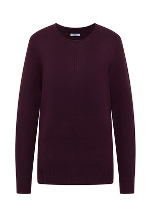 Maglione viola lavorato a maglia con scollatura a girocollo, maniche lunghe e polsini a coste. Presenta una cucitura centrale verticale e un design solido.