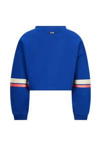 Felpa blu croppata con maniche lunghe, caratterizzata da strisce bianche e rosa sulle maniche. Tessuto strutturato con scollatura rotonda e dettaglio del logo.