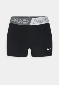 Shorts de compression Nike Pro noirs avec une large ceinture grise affichant les textes "PRO" et "NIKE", ainsi qu'un petit logo Nike blanc sur la jambe.