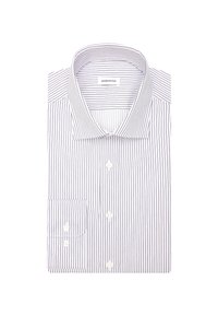 Camicia bianca con bottoni, a righe blu sottili, dotata di un colletto classico e una tasca sul petto. Realizzata in tessuto liscio con una texture fresca.