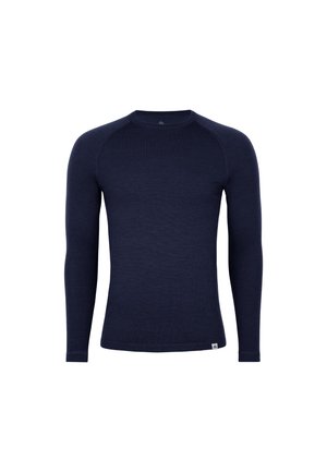 Camicia a maniche lunghe blu navy realizzata in un tessuto leggero e strutturato. Presenta una scollatura rotonda e maniche raglan. Design semplice senza motivi.