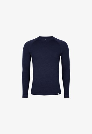 Camicia a maniche lunghe blu navy realizzata in un tessuto leggero e strutturato. Presenta una scollatura rotonda e maniche raglan. Design semplice senza motivi.
