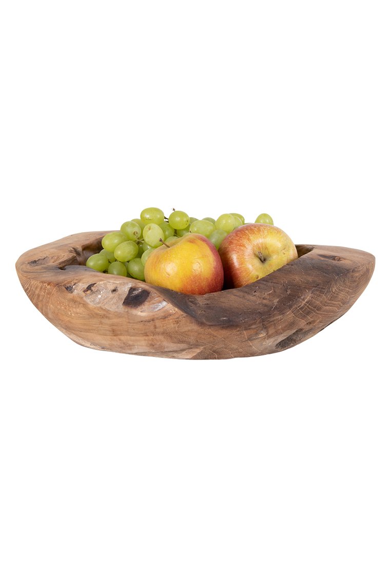 Holzschüssel mit organischer Form, die eine strukturierte Oberfläche aufweist. Enthält grüne Trauben und zwei rote Äpfel. Natürliche Holzfarbe und -maserung sichtbar.