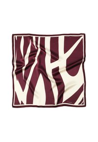 Foulard din mătase cu un model abstract de frunze maronii și crem, bordurat cu o margine maronie contrastantă. Textură netedă și moale.