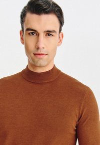 Brązowy sweter z golfem wykonany z dzianiny, o dopasowanym kroju z wysokim kołnierzem i gładką teksturą, noszony przez męskiego modela.