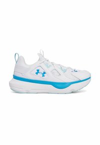White athletic shoe with blue accents, featuring mesh upper, textured overlays, thick sole, and signature logo on the side.