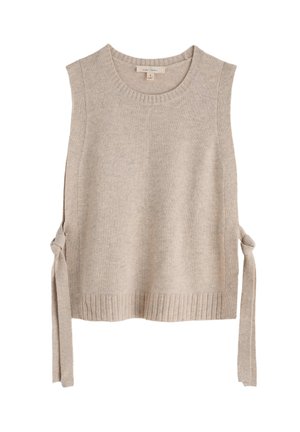 Beige gebreid mouwloos topje met een ronde halslijn, geribbelde zoom en strikjes aan beide zijden. Zachte textuur met een minimalistisch ontwerp.
