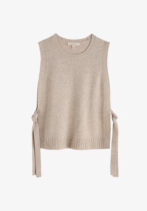 Beige knit sleeveless top with a round neckline, ribbed hem, and ties on both sides. Soft texture with minimalistic design.