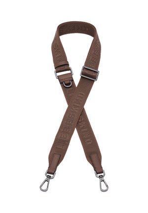 Tracolla regolabile in tessuto marrone con testo "LIEBESKIND" in rilievo e fibbie metalliche argentate su entrambe le estremità.