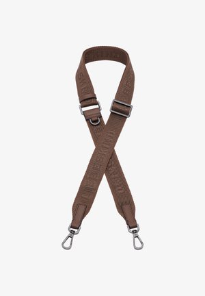 Sangle de sac en tissu marron réglable avec inscription "LIEBESKIND" en relief et crochets métalliques argentés à chaque extrémité.