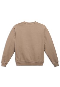 Beige sweatshirt met een geribbelde ronde hals, lange mouwen en geribbelde boordjes. Gemaakt van zachte stof met een gladde textuur, zonder zichtbaar patroon.