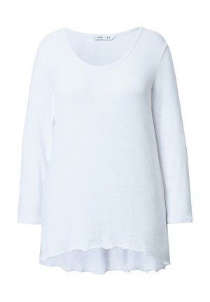 Haut blanc à manches longues en tissu texturé, avec un col en U et un ourlet arrondi et festonné, offrant une coupe décontractée.