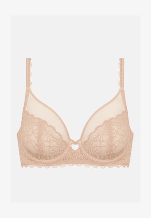 Spitzen- und Netz-BH in Nude-Farbe mit einem tief ausgeschnittenen Design, gewellten Kanten und einem zentralen dekorativen Ring-Detail.