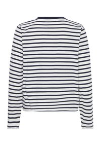 Chemise à manches longues avec une base blanche à rayures horizontales bleues marine, un col rond et une coupe décontractée.