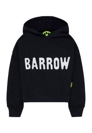 Felpa nera corta con grande testo bianco "BARROW" sul davanti, dotata di cappuccio e un accento verde brillante all'interno. Tessuto morbido, vestibilità rilassata.