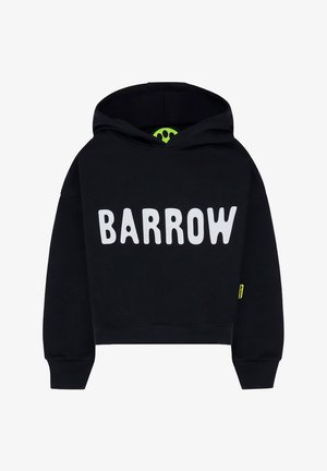 Felpa nera corta con grande testo bianco "BARROW" sul davanti, dotata di cappuccio e un accento verde brillante all'interno. Tessuto morbido, vestibilità rilassata.