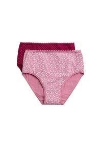 Dos pares de ropa interior de mujer: uno burdeos con lunares blancos y el otro rosa claro con un patrón floral. Ambos tienen una cinturilla suave y elástica.
