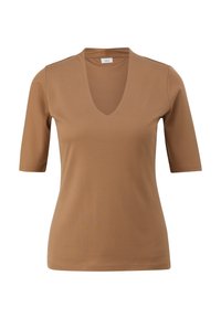 Brun V-hals t-shirt i blødt stof med korte ærmer. Glat tekstur og tætsiddende pasform. Ingen mønstre eller detaljer.
