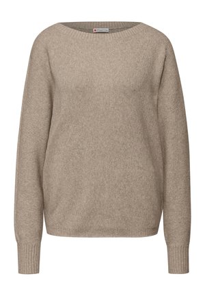 Beige neulottu villapaita, jossa on leveä pääntie, pitkät hihat ja resorit hihansuissa. Pehmeä tekstuuri, rento istuvuus ja minimalistinen muotoilu.